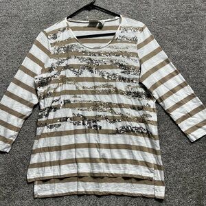 Chico's Zenergy White & Beige Striped Blouse Size 1 Medium Decorative Sequins